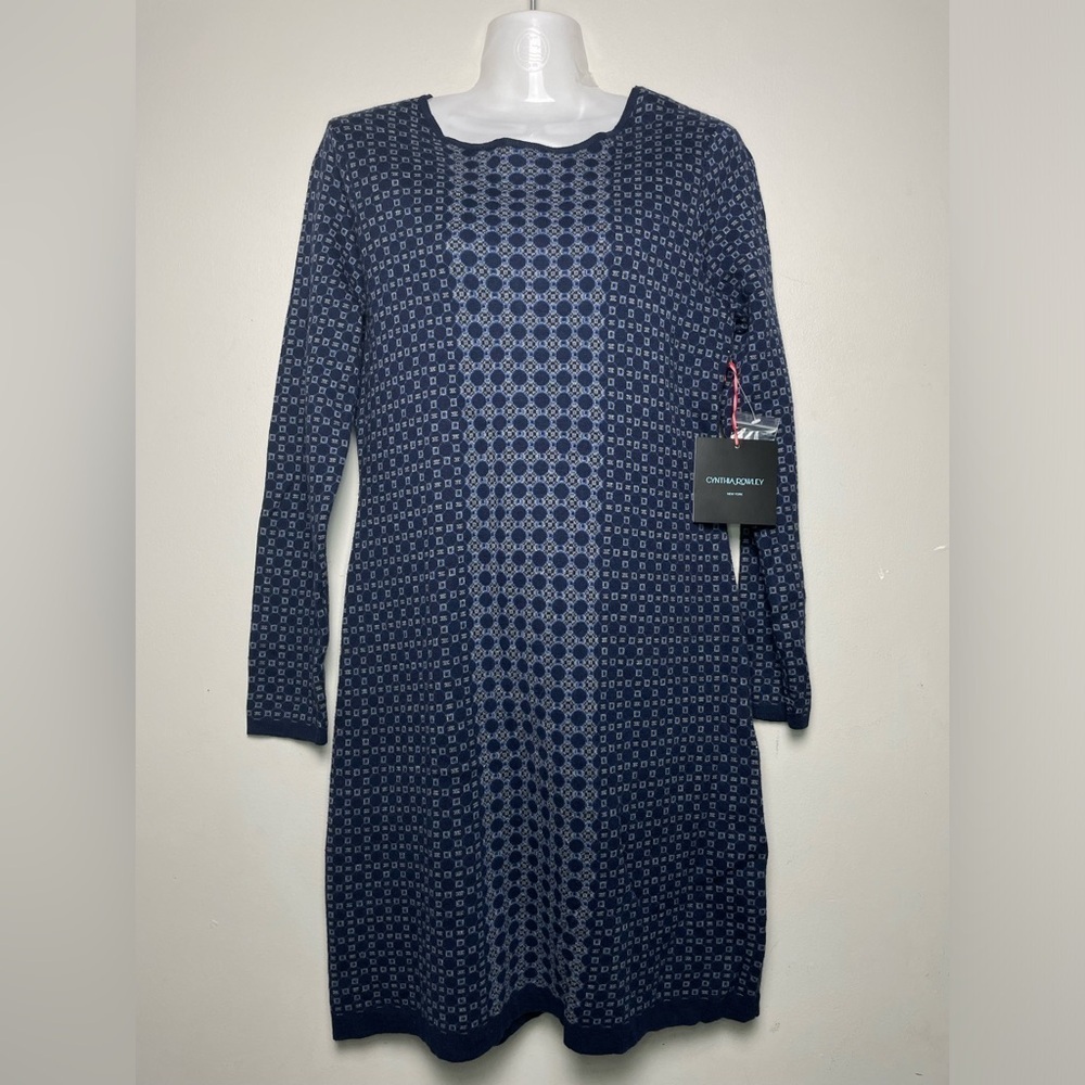 Cynthia Rowley Sweater Dress Womens Large Geometric Blue Stretchable 3/4 Sleeves